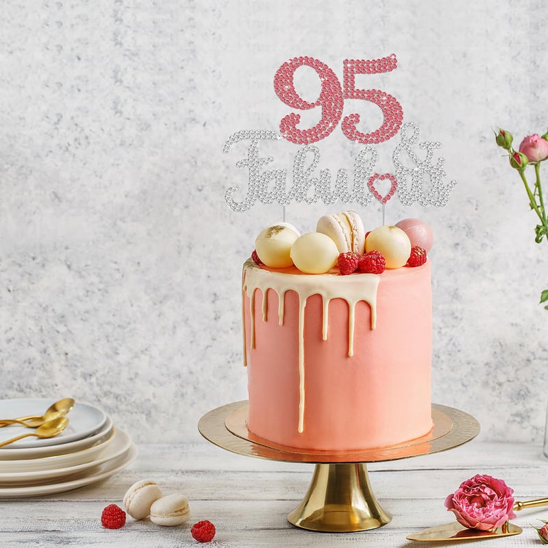 LASKYER 95 & Fabulous Peach Red & Silver Rhinestone Cake Topper - Happy 95th Birthday Cheers to 95 Years Old Bday Party Metal Sparkly Food Centerpieces Topper Decorations Keepsake. - Image 5